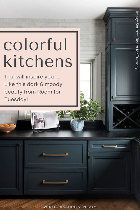 Are you tired of all-white kitchens and are looking to do something different for your kitchen remodel or refresh? Click through to see 10 gorgeous inspirational kitchens without white cabinets like this dark and moody kitchen by Room for Tuesday! Image source: Room for Tuesday Moody Farmhouse Kitchen, Colored Cabinets Kitchen, Dark And Moody Kitchen, Inspirational Kitchens, Modern Interior Decorating, Joanna Gaines Kitchen, Modern Cottage Kitchen, Modern Traditional Kitchen, Cottage Cabinet