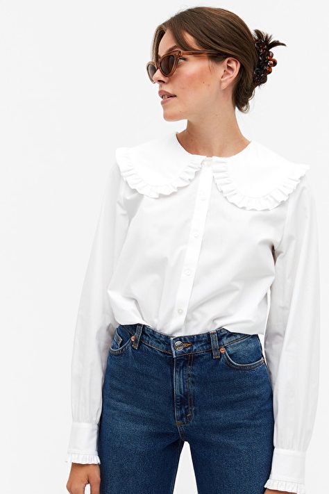 Big collar blouse - White - Shirts & Blouses - Monki PL Collar Blouse Outfit, Big Collar Blouse, Houndstooth Shirt, White Collared Blouse, White Shirt Blouse, Big Collar, Striped Long Sleeve Shirt, Work Wear Women, Collar Designs