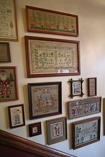 Cross stitch | Flickr - Photo Sharing! What an amazing wall. The person who took this photo and shared it said that these were on the wall of a BB she stayed at, and they were done by the innkeeper's wife. Gorgeous! Vintage Samplers, Aol Mail, Primitive Colonial, Antique Samplers, Framed Pictures, Cross Stitch Finishing, Cross Stitch Samplers, Needle Arts, Stitching Art