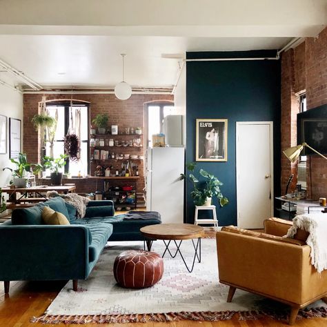 Mid Century Stone Wall, Small Industrial Living Room, Warm Industrial, Industrial Apartment, Mid Century Boho, Brooklyn Apartment, Space Apartments, Apt Ideas, Modern Sofa Sectional