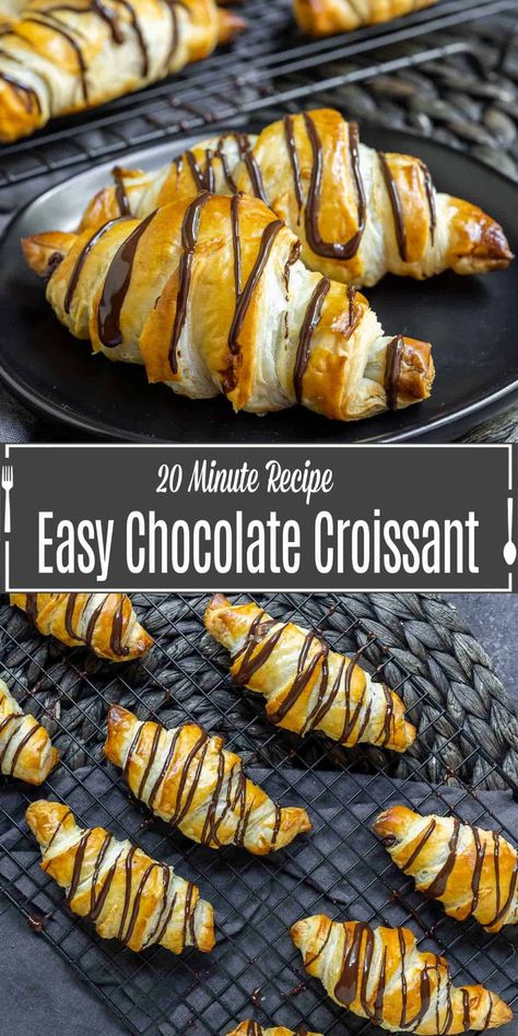 This easy chocolate croissant recipe is a simplified version using puff pastry. It's a great brunch recipe ready in less than 30 minutes! If you want to make homemade croissants filled with chocolate but you don't want to make your own dough this is an easy recipe for croissants with chocolate that makes a great breakfast recipe or brunch recipe that your friends and family will love! Chocolate Croissant Recipe Easy, Recipe For Croissants, Filled Croissant Recipe, Puff Pastry Croissant, Chocolate Croissant Recipe, Crossiant Recipes, Using Puff Pastry, Chocolate Croissants, Homemade Croissants