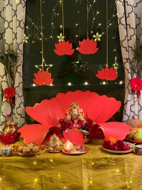 Ganesh Chaturthi decoration hibiscus flower backdrop DIY