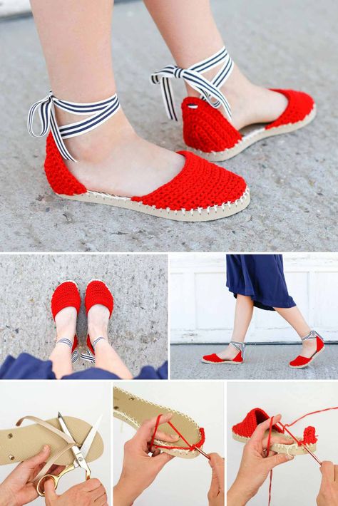 Learn how to make crochet espadrilles with flip flop soles in this free pattern and tutorial. Pair these fun crochet sandals with a dress! Sandal Rajut, Crochet Braid Pattern, Homemade Shoes, Crochet Flip Flops, Sandal Kulit, Trendy Knitting, Dress Knitting, Crochet Shoes Pattern, Free Dress