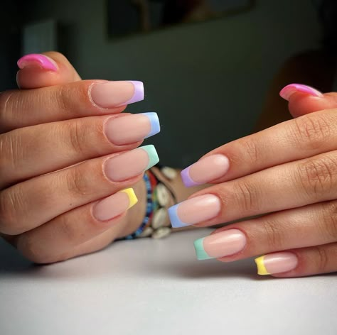 Multi Colored French Tip Nails Coffin, French Colourful Nails, Multicolor French Manicure, Pastel Color French Tip Nails, Coffin Colorful Nails, French Nails Different Colors, Multicolored French Tips, French Tip Multi Color, Letnji Nokti