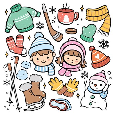 Winter Kawaii, Doodle Illustrations, Kawaii Winter, Winter Drawing, Cartoon Winter, Doodle A Day, Winter Drawings, Doodle A, Kids Vector