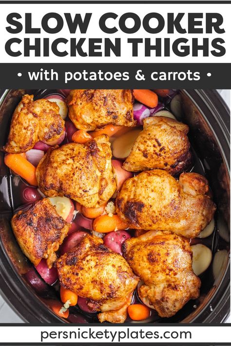 Slow Cooker Chicken Thighs with Potatoes & Carrots is an easy recipe that makes your entire dinner right in the crockpot! Juicy chicken thighs, tender potatoes and carrots, and a flavorful chicken gravy to pour over the top make this a meal the whole family will love. | www.persnicketyplates.com Chicken Thighs Potatoes Carrots, Chicken Thighs Slow Cooker Recipes, Chicken Thighs Potatoes, Crock Pot Chicken Thighs, Chicken Thighs And Potatoes, Crockpot Chicken Thighs, Slow Cooker Chicken Thighs, Potatoes And Carrots, Potatoes Carrots