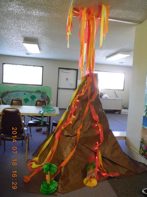 Volcano Vbs Decorations, Large Volcano Prop, Volcano Room Transformation, Moana Hallway Decorations, Volcano Party Decoration, Diy Volcano Decoration, Dinosaur Vacation Bible School, Cardboard Volcano, Vbs Dinosaur Theme