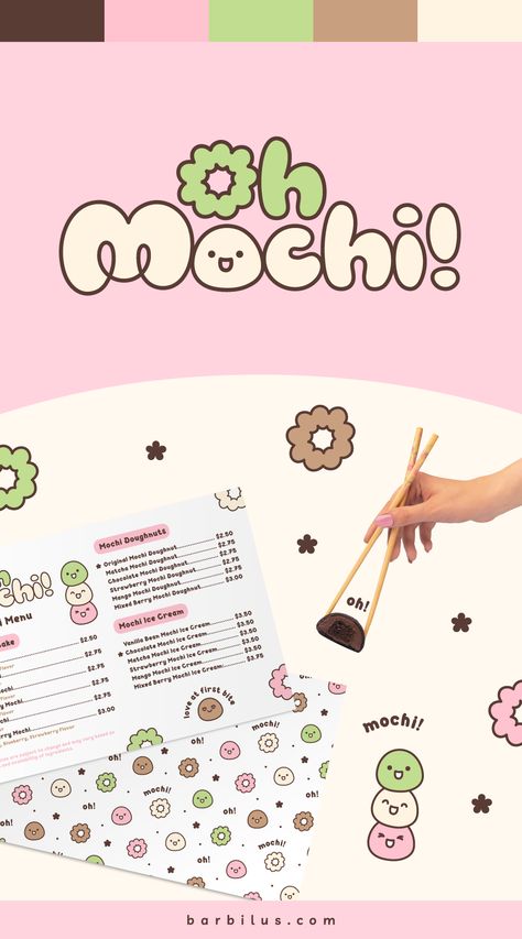 Cute and bold visual identity for mochi brand with catchy and unique style. This branding project includes custom logo suite (main logo, secondary logo, brandmark), mascot design, color palette, brand pattern, business card, menu design, and packaging created for Oh Mochi! We created a kawaii mascot and used soft, delicate colors. The typography is fully hand drawn with its own rice cake mascot. Mochi Brand, Kawaii Mascot, Color Palette Brand, Fun Branding, Pattern Business Card, Logo Suite, Design Color Palette, Brand Pattern, Secondary Logo