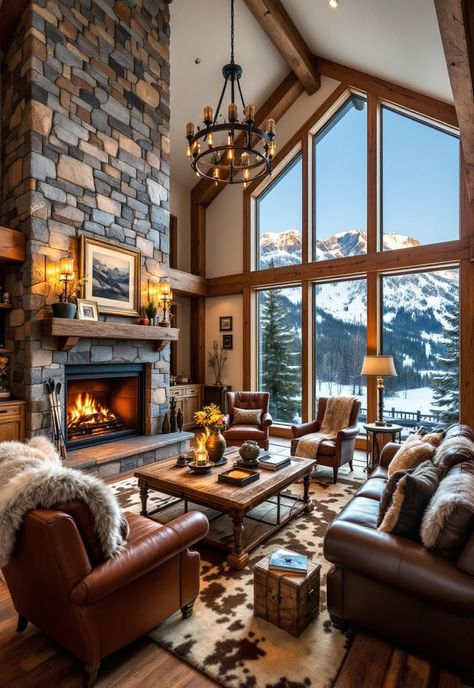 Rustic Living Room Cabin Living Room Fireplace, Lodge Interior Design Rustic, Lodge Style Living Room Mountain, Mountain Decor Living Room, Rustic Great Room With Fireplace, Lodge Decorating Ideas, Mountain Lodge Fireplace, Mountain Lodge Interior Design, Cozy Cabin Living Room Ideas