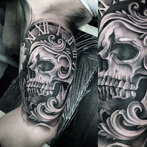 Grey Skull Designed Pocket Watch Tattoo On Arms For Guys Pocket Watch Tattoo Design, Watch Tattoo Design, Pocket Watch Tattoos, Skulls Tattoo, Inner Bicep Tattoo, Tattoo Coloring Book, Filigree Tattoo, Watch Tattoo, Pocket Watch Tattoo