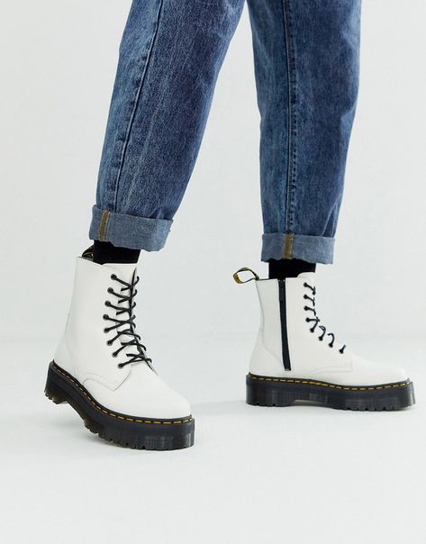 DR. MARTENS JADON PLATFORM BOOTS IN WHITE LEATHER - WHITE. #dr.martens #shoes Platform Chelsea Doc Martens Outfit, Platform Doc Martens Sandals, Platform Chelsea Doc Martens, Chelsea Doc Martens Outfit, Doc Martens Sandals Outfit, Martens Sandals Outfit, How To Style White Doc Martens, Chelsea Doc Martens, White Platform Doc Martens