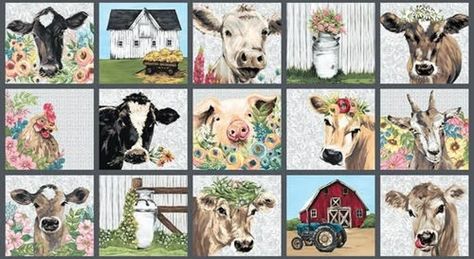 French Hill Farms Panel 24 Farm Blocks Fabric Cows | Etsy Cow Quilt, Chicken Barn, Love Quilt, Folk Art Paintings, Hanging Quilts, Farm Tools, Country Theme, Printing Fabric, Grey Panels