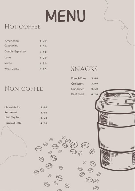 Simple Coffee Menu Ideas, Coffee Shop Menu Card, Coffee Menu Design Ideas Layout, Cafe Menu Aesthetic, Cafe Menu Design Ideas, Menu Design Aesthetic, Coffee Menu Design Ideas, Coffee Menu Ideas, Menu Coffee Design