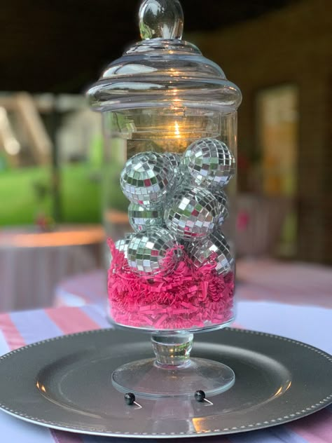 Preppy Party Centerpieces, Pink Party Decorations Graduation, Pink Party Table Centerpieces, Hot Pink Graduation Party Decorations, Pink Disco Centerpieces, Pink Disco Birthday Party Invitation, Barbie Disco Party Decorations, Pink And Silver Graduation Party, Pink And Disco Ball Decor