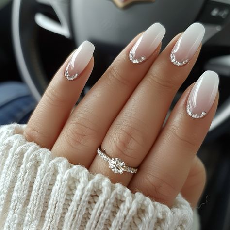 holiday nails, wedding nails, spring nails, summer nails, acrylic nails, gel nails, manicure, white nails, nude nails, long nails White French Tips Square, Nude And White Ombre Nails, White Engagement Nails, White Square Nails Design, Engagement Nails Acrylic, White Ombre Nails With Design, Milky White Ombre Nails, Nail Designs 2025, Wedding White Nails