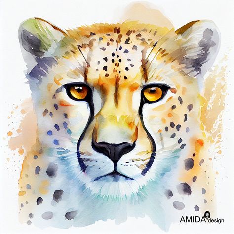 Watercolor Portrait of Cheetah Cheetah Watercolor Painting, Cheetah Watercolor, Cheetah Portrait, Cheetah Art, Watercolor Face, Leopard Watercolor, Water Coloring, Cat Power, Nature Watercolor