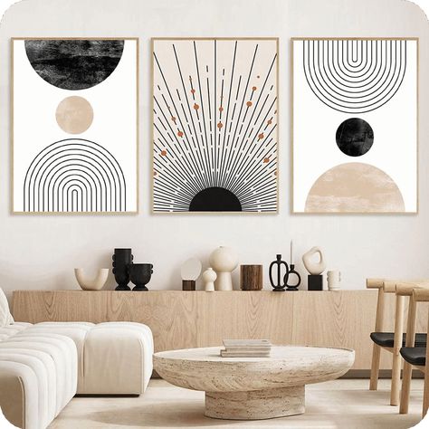 [Promotion] This wall art set is perfect for adding a modern, minimalist look to your mid-century modern living room decor. The neutral beige color palette and geometric shapes will bring a stylish touch to any room. The three pieces also come with hanging hardware, making them easy to install in any room. #midcenturymodernlivingroomdecor Black And Neutral Living Room Apartment, Neutral Color Apartment Decor, Decor For Large Wall Space, Elegant Boho Living Room, Boho Feature Wall, Black And White Boho Living Room, Japandi Interiors Moodboard, Large Boho Wall Decor, Beige And Black Living Room