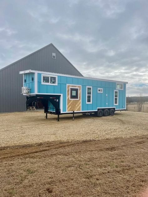 Cerulean Tiny House w/ Bunkroom & Gooseneck Master Goose Neck Tiny House, 2 Bedroom Tiny House On Wheels Floor Plans, Tiny House Gooseneck, Tiny House Plans With Loft, Luxury Tiny House, Gooseneck Tiny House, Shower Sliding Glass Door, Tiny Homes On Wheels, Tiny Houses On Wheels