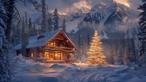 "Winter Wonderland Cabin: A cozy #retreat adorned with #holidaylights stands amidst a snowy landscape under a serene mountain backdrop. #naturephotography #cozyliving #winterscape #holidayseason #digitalartwork #creativeai #photographyart #aesthetic ⬇️ Download and 📝 Prompt 👉 https://stockcake.com/i/winter-wonderland-cabin_1093926_99591". Winter Cabin Art, Winter Wonderland Landscape, Christmas Aesthetic Landscape, Christmas Aesthetic Horizontal, Snowy Cabin In The Woods, Christmas Cabin In The Woods, Cozy Christmas Cabin, Winter Drawing, Cozy Winter Cabin