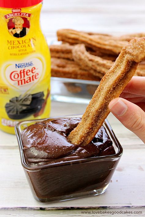 Mexican Chocolate Churros with Dipping Sauce - a simple and delicious Mexican treat that gets a flavor boost from Coffee-mate Abuelita® Mexican Chocolate creamer! #LatinTouchCGC Mexican Chocolate Sauce, Abuelita Chocolate, Abuelita Hot Chocolate, Cookie Exchange Party Ideas, Chocolate Churros, Chocolate Sauce Recipes, Cinnamon Desserts, Mexican Treats, Mexican Desserts