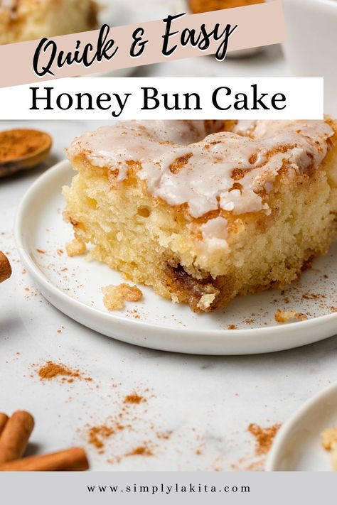 This Honey Bun Cake Recipe is a sweet and buttery cake that is easy to make, plus it's fluffy and delicious. It contains everything that you love about cinnamon rolls transformed into cake form. simplylakita.com #honeybuncake Cinnamon Honey Bun Cake, How To Make A Honey Bun Cake, Honeybun Cake Recipe From Scratch, Honey Bun Cake With Box Cake, Honey Bun Recipe, Honey Almond Cake, Honey Recipes Dessert, Honeybun Cake Recipe, Honey Bun Cake Recipe