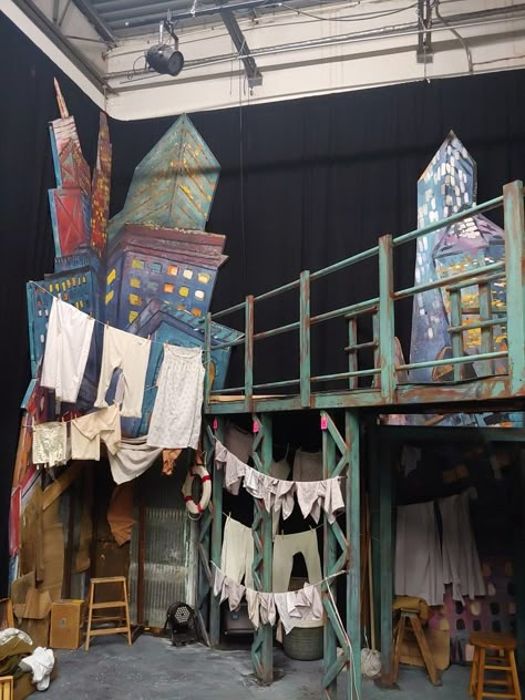 Movie Studio Set Aesthetic, Balcony Theatre Set Design, Stage Craft Theatre Set Design, Rent Musical Set Design, Annie Musical Set Design, Descendants Set Design, Cool Set Design, Urinetown Set Design, Descendants Musical Set Design