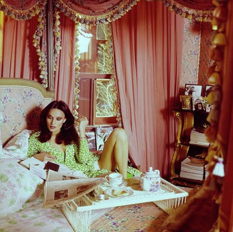 Diane Von Furstenberg In Her Bedroom Photograph by Horst P. Horst | Pixels Slim Aaron, 70s Bedroom, Villa Interior, W Hotel, Design Magazine, Breakfast In Bed, Vintage Vogue, Bedroom Aesthetic, New Wall