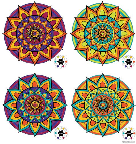 Coloring Mandalas – How to Choose Colors to Create Color Harmony | How to Draw Mandalas and the 100 Mandalas Challenge with Kathryn Costa Mandala Color Ideas, Mandala Color Combinations, Mandala Drawing Colourful, Mandala Colour Combinations, Color Palette For Mandala, Mandela Color Schemes, Colour Ful Mandala Drawing, Colorya Mandala, Coloring Mandalas