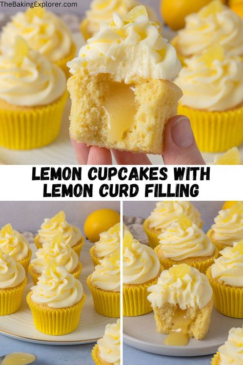 Recipe for Lemon Cupcakes with Lemon Curd Filling, fluffy cupcakes with lemon zest, filled with lemon curd, topped with sweet lemon buttercream, they are lemon heaven and so easy to make too! #thebakingexplorer #lemoncurd #lemoncupcakes #lemonbuttercream #lemoncake Lemon Curd Cupcakes, Cupcakes Lemon, Recipes Cupcakes, Lemon Cupcake Recipe, Cupcake Recipes From Scratch, Lemon Cupcake, Recipe With Cream Cheese, Cupcakes Easy, Cupcake Cream