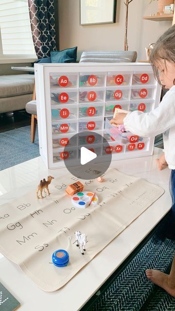 Wendy | Pediatrician on Instagram: "🌟 DIY MONTESSORI ALPHABET BOX 🌟 This project is easy to recreate and is an amazing hands-on learning tool to help your preschooler learn the letters and sounds of the alphabet. Each drawer contains small objects that begin with the corresponding letter. This TACTILE approach is a fun and memorable way to reinforce the meaning behind each letter. There are so many sound games you can play - our favorites are letter baskets and the I-Spy Game. We started introducing around 2.5 years old. 💛 WHAT YOU’LL NEED 💛 ✔️ CRAFT CABINET ideally with 24-26 drawers (from Amazon, will share to Stories) ✔️ SMALL OBJECTS - 3-6 per letter. We LOVE our set from @lakeshorelearning (code in bio). TOOB figurines from @safariltd and random dollar store finds also work w Montessori Alphabet, Dollar Store Finds, I Spy Games, Diy Montessori, Craft Cabinet, Letter Games, Letters And Sounds, Instagram Diy, Small Objects