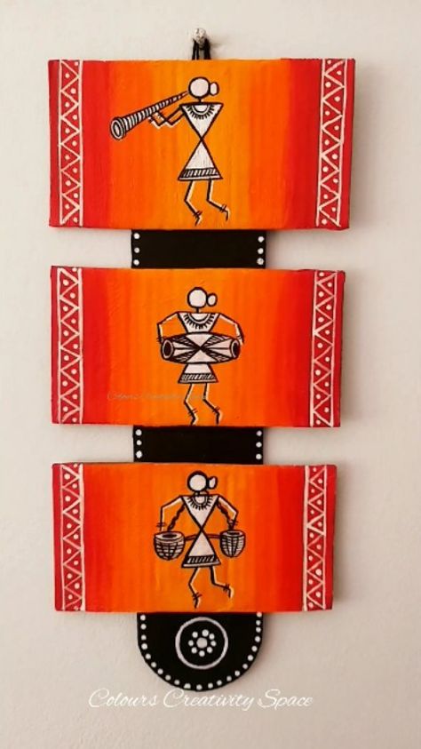 Colours Creativity Space on Instagram: “❤🧡Warli Love 🧡❤ Hope you like this quick DIY ❤🧡Like,Share SAVE 👍❤🧡 🧡🧡Follow @colours_creativity_space for more ❤❤Material : Popsicles…” Easy Wall Craft Ideas, Paper Plate Decorations Wall Decor, Easy Painting For Home Decor, Drawing For Home Decor, Craft Paper Wall Hanging, Beautiful Wall Hanging Crafts, Warli Painting Designs, Drawing For Wall Hanging, Drawing On Wood Ideas Easy