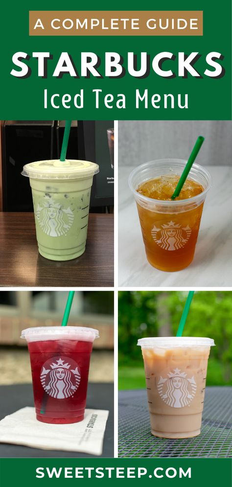 This guide to Starbucks iced tea shows you their complete iced tea menu. See which iced tea drinks have caffeine, which ones can be made sugar-free and how to customize iced tea, iced tea lemonade and iced tea lattes. #starbucks #iced #tea #lemonade #latte #icedtea #chai #matcha #menu #summer Starbucks Iced Tea Drinks, Iced Black Tea Lemonade Starbucks, Starbucks Iced Green Tea, Green Tea Starbucks Drinks, Low Calorie Starbucks Drinks Iced Tea, Best Iced Teas From Starbucks, Lemonade Menu, Green Tea Lemonade Starbucks, Cold Green Tea