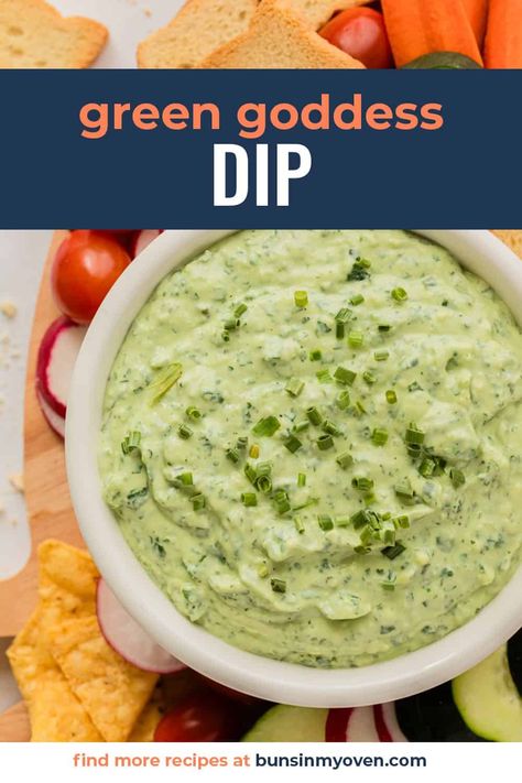 This Green Goddess Dip recipe is creamy, herby, and perfect for spring or summer. Serve with a variety of dippers, like raw veggies, chips, crusty bread, or crackers! Green Goddess Dip Recipe, Pub Snacks, Green Goddess Dip, Green Goddess Salad Dressing, Mini Meals, Raw Veggies, Party Snacks Easy, Crock Pot Dips, Homemade Dips