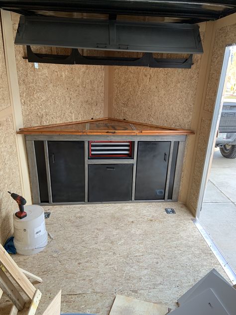 Inclosed Trailer Diy, Enclosed Trailer Organization, Enclosed Trailer Storage, Cargo Trailer Storage Ideas, Enclosed Trailer Storage Ideas, Enclosed Trailer, Trailer Toolbox Ideas, Construction Trailer Setup, Enclosed Trailer Shelving Ideas