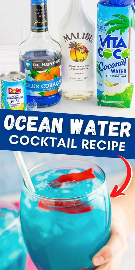 Recipes With Coconut Water, Coastal Drinks, Pool Water Drink Recipe, Water Cocktails, Beach Themed Cocktails, Drinks With Coconut Water, Beachy Drinks, Beachy Cocktails, Ocean Cocktail