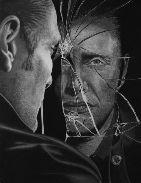 Mads Mikkelsen (aka Hannibal) by Paul-Shanghai.deviantart.com on @deviantART Reflection Drawing, Mirror Drawings, Ap Drawing, Reflection Art, Tree Drawings Pencil, Glass Photography, Broken Mirror, Reflection Photography, Mirror Painting