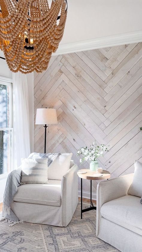 How to install a DIY herringbone accent wall with weathered wall boards from Weaber Lumber. This is the perfect coastal sitting room! Coastal Wall Paneling Ideas, Chevron Shiplap Wall, Shiplap Wallpaper Accent Wall, Shiplap Accent Wall Living Room, Coastal Accent Wall, Herringbone Wood Wall, Diy Accent Walls, Herringbone Accent Wall, Weathered Wall