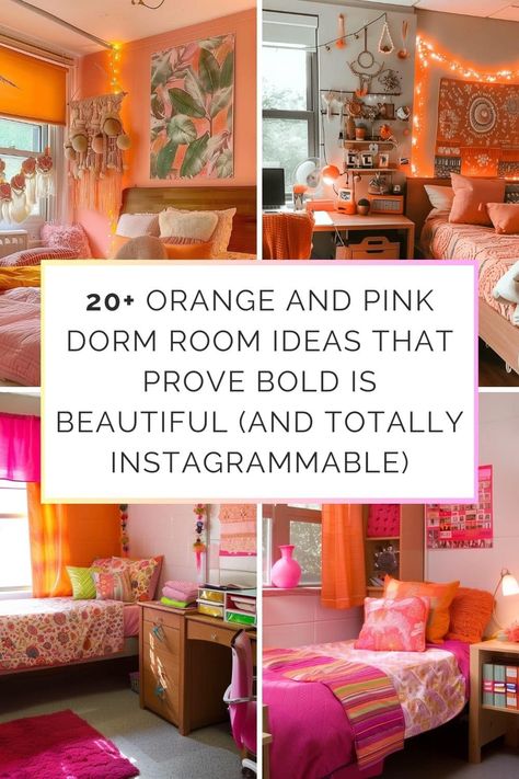 20  Orange and Pink Dorm Room Ideas That Prove Bold is Beautiful (and Totally Instagrammable) - HearthandPetals Pink And Orange Bedroom, Pink Dorm Room Ideas, Hot Pink Room, White Dorm Room, Dorm Themes, Peach Bedroom, Pink Dorm Room, Orange Bedroom Ideas, Pink Dorm Rooms