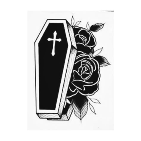 Black Coffin Tattoo Design, Coffin Cover Up Tattoo, Coffin With Roses Tattoo, Coffin Shape Tattoo, Coffin American Traditional Tattoo, Traditional Coffin Tattoo Design, Coffin Tattoo Stencil, Gothic Coffin Tattoo, Gothic Memorial Tattoo