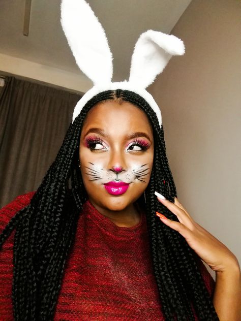 Black girl glamorous bunny Rabbit Makeup Easy, Scary Rabbit Makeup, The White Rabbit Makeup, Bugs Bunny Makeup, Bunny Makeup Looks Halloween, Simple Bunny Makeup, White Bunny Makeup, Black Bunny Makeup, Bunny Nose Makeup