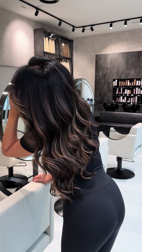 balayagehair Brunette Black Balayage Hair, Balayage With Dark Brown Roots, Dark Balyage Long, Golden Blonde Balayage On Black Hair, Reverse Balayage Black Hair, Long Black Hair Balayage, Boliage Hair Black Hair, Dark Hair Ombre Balayage, Balayage Hair On Black Hair