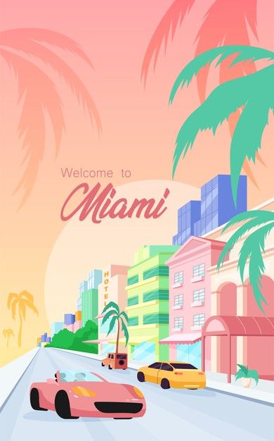 Vector Travel Poster, Miami Graphic Design, Beach Countdown, Miami Beach Poster, Cartoon Objects, Miami Poster, Miami Beach House, Miami Posters, Miami Shirt