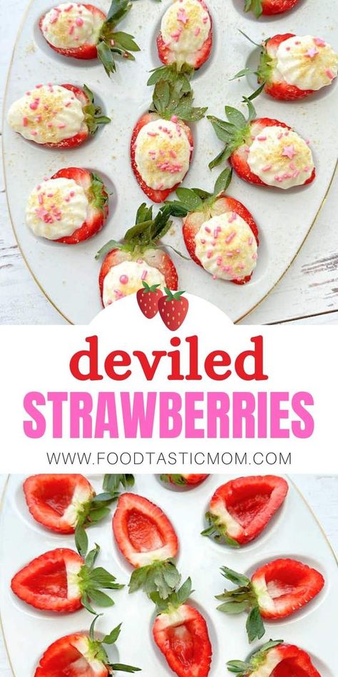 Try filling your deviled egg platter with juicy strawberries! This yummy dessert combines fresh berries with a creamy cheesecake filling. via @foodtasticmom Deviled Strawberries, Easter Fruit, Egg Platter, Fresh Strawberry Recipes, Deviled Egg Platter, Easter Appetizers, Easter Dishes, Easter Breakfast, Easter Desserts Recipes