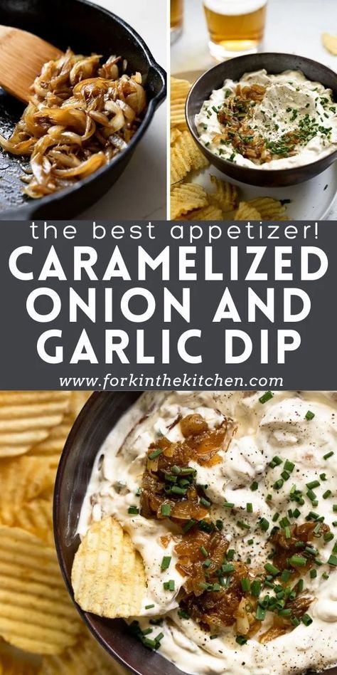 This is the only caramelized onion and garlic dip you'll need from here on out! Whether it's game day, a party with friends, or just a good ol' onion dip craving, this one is THE recipe. Made with roasted garlic and sweet caramelized onions in a creamy dip base, you won't be able to stop dipping potato chips in this easy-to-make dip! Dip For Potato Chips, Chip Dip Recipes, Onion Dip Recipe, Caramelized Onion Dip, Crunchy Potatoes, Delicious Dips Recipes, French Onion Dip, Garlic Dip, Roasted Onions