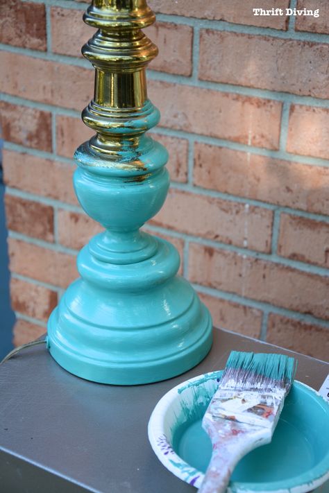 Thrifted End Table and Lamp Makeover - Turquoise lamp Turquoise Lamps Living Room, Table Lamp Makeover, Lamp Base Makeover, Diy Lamp Post, Painted Lamp Base, Lamps Painting, Thrift Store Lamp Makeover, Jewelry Armoire Makeover, Turquoise Painted Furniture