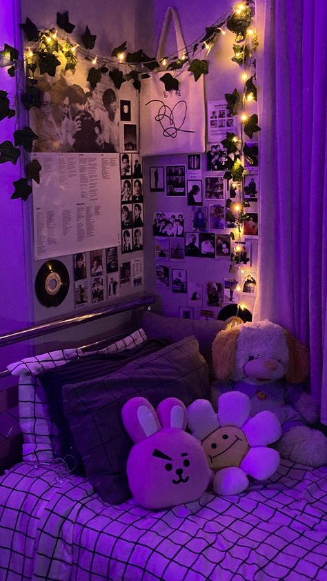 #room #roomdecoration #bedroom #pinterest #aesthetic #bts #idea #kpop Room Ideas Bedroom Kpop, Bedding For Purple Walls, Purple Room Aesthetic Bedroom, Dorm Room Decor Ideas Aesthetic, Bedroom Makeover Aesthetic, Hostel Room Decor Ideas Aesthetic, Aesthetic Room Decor Purple, Bedroom Decor Kpop, Room Decor Bedroom Aesthetic Purple