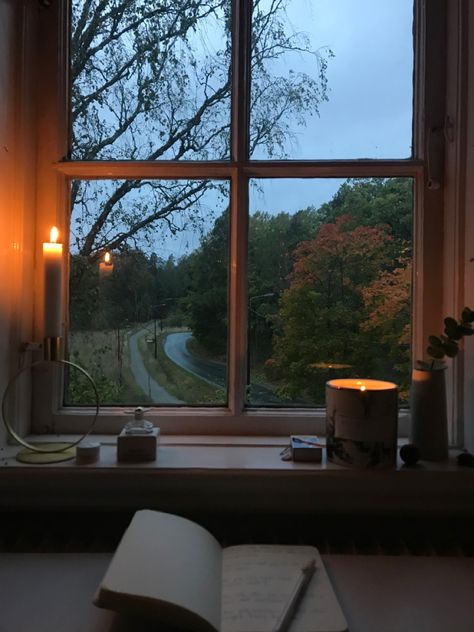 Tea Time Astethic, Autumn Window Aesthetic, Peaceful Fall Aesthetic, Cozy Woods Aesthetic, Candles On Window Sill, Cozy Window Aesthetic, Gloomy Autumn Aesthetic, Cozy Pictures Aesthetic, Quiet Morning Aesthetic