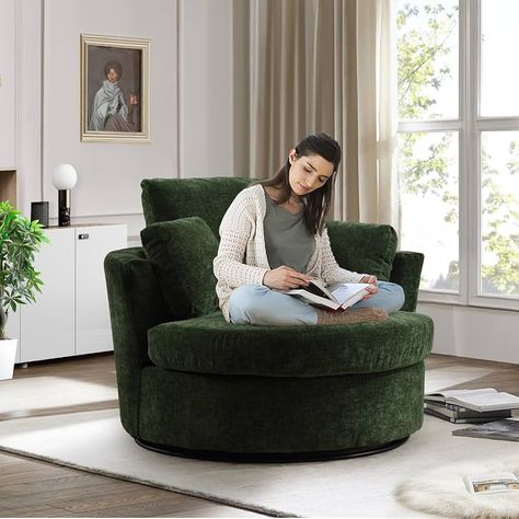 Amazon.com: JEEOHEY Swivel Barrel Chair,42'' W Chenille Round Swivel Chair,360 Degree Oversized Swivel Accent Chair,Modern Upholstered Arm Chair,Comfy Single Sofa Chair for Nursery,Living Room,Bedroom(Yellow) : Home & Kitchen Cozy Round Chair, Chair For Bedroom Cozy Corner, Green Chair Bedroom, Emerald Green Chair, Oversized Accent Chair, Chair For Nursery, Parisian Modern, Cozy Reading Chair, Round Swivel Chair