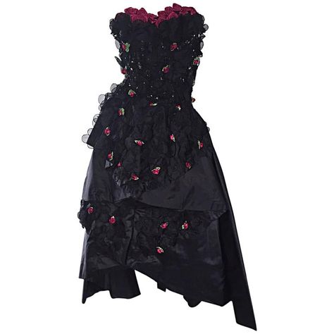 Black Dress With Flowers, Black Cocktail Dresses, Vintage Evening Gowns, 1950s Outfits, Vintage Black Dress, Cherry Dress, Silk Chiffon Dress, Designer Evening Dresses, Event Outfit