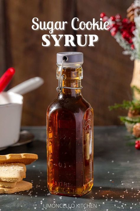 This easy to make Sugar Cookie Syrup tastes just like sugar cookies! It's great for sweet cocktails, lattes and even drizzled on pancakes. Easy to make at home with just 4 ingredients! Vanilla and almond go perfectly together to give this syrup its warm and cozy flavor. It's the perfect syrup to make for Christmas and the winter holiday season. Sugar Cookie Syrup, Caramel Cocktail, Holiday Breakfast Ideas, Coffee Bar Party, Homemade Coffee Syrup, Homemade Syrups, Simple Syrup Cocktails, Almond Milk Latte, Syrup Labels